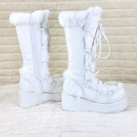 Demonia White Cub 311 Platform Furry Mammoth Stomper Knee Boots - Picture 1 of 11